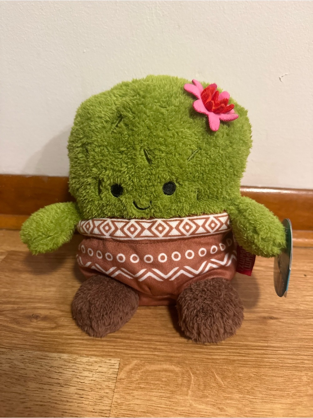Plush Green Cactus Stuffed Animal with Pink Flower